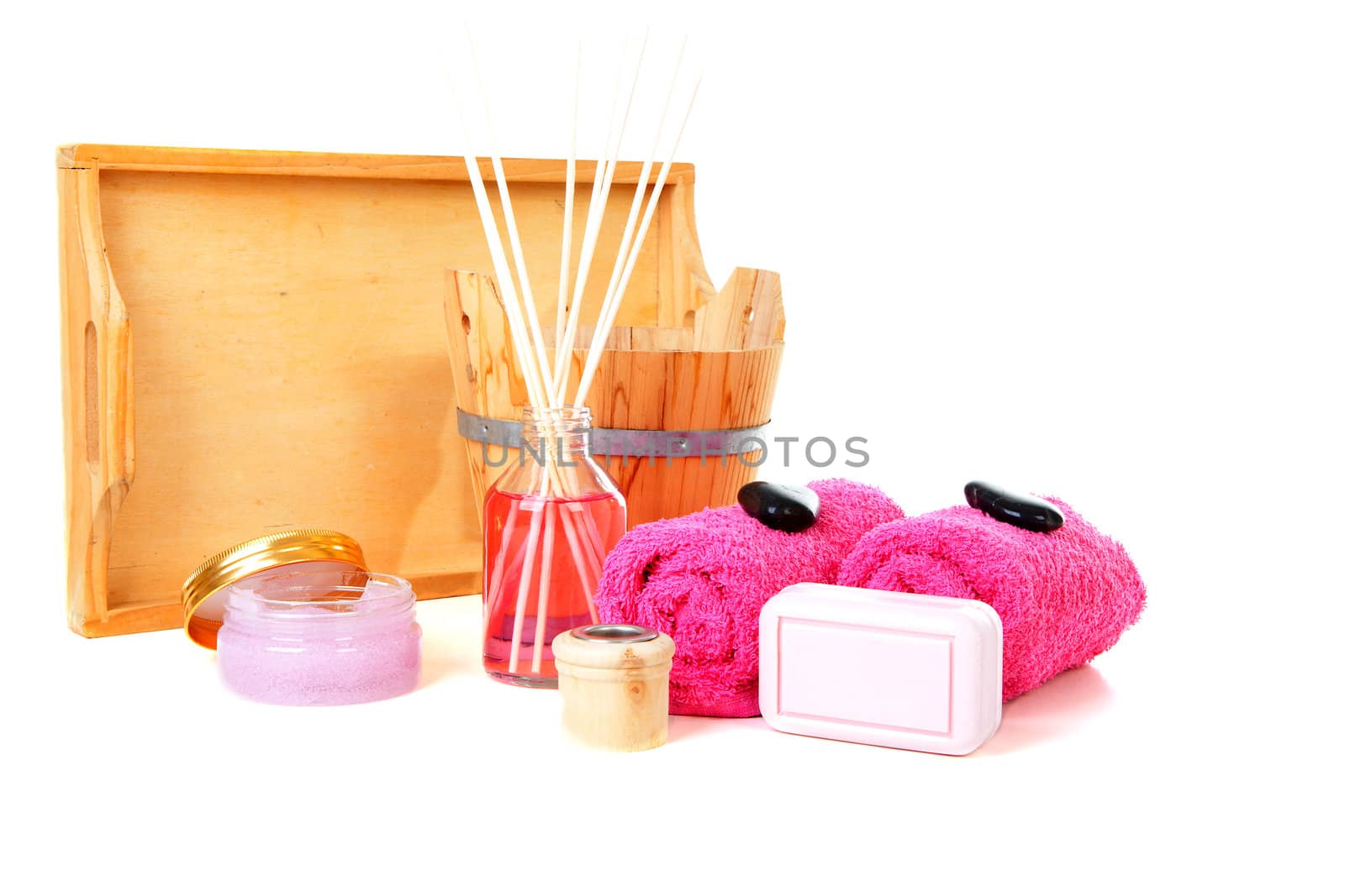 Spa and beauty accessories over white background