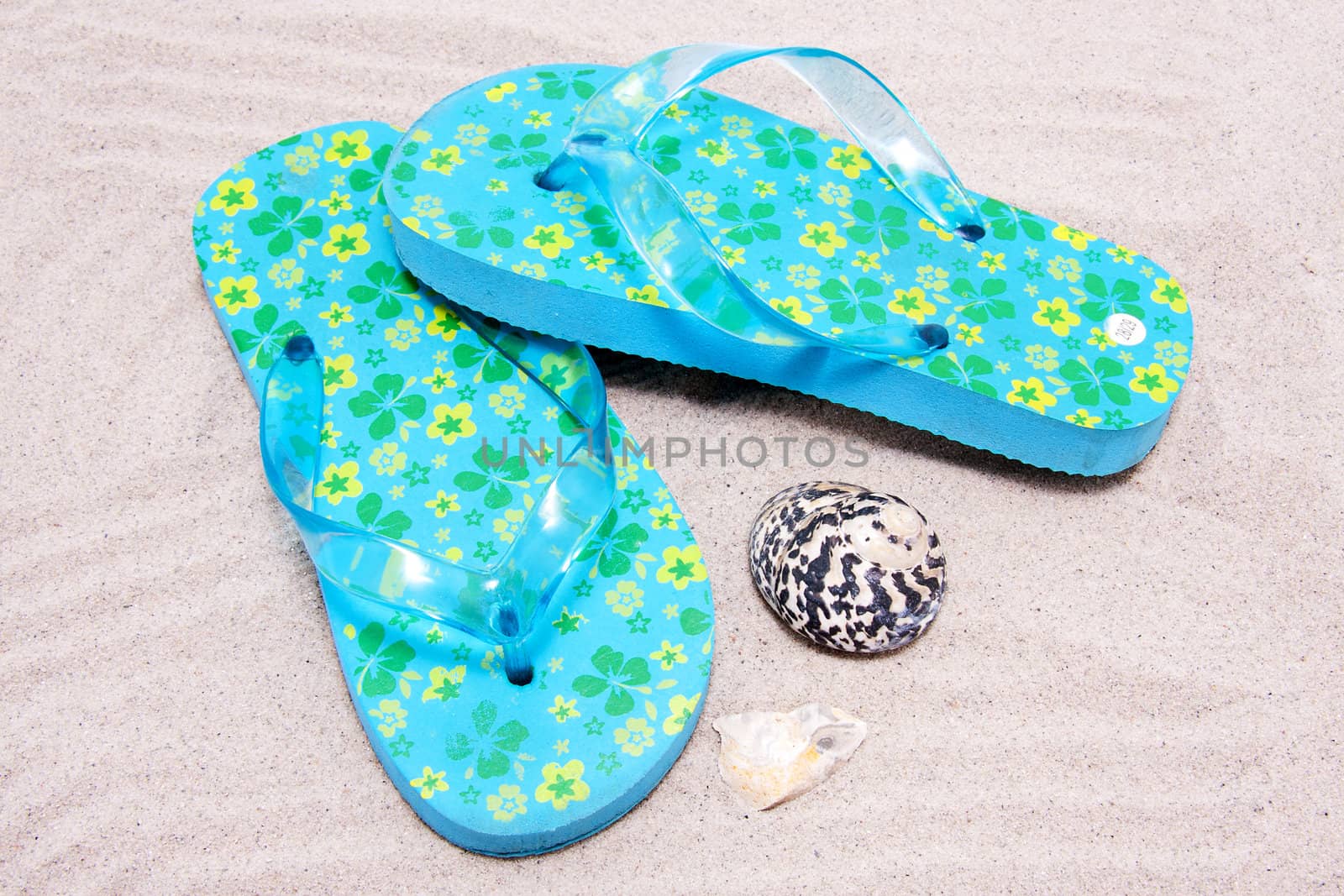 Blue colored summer slippers lying on sand