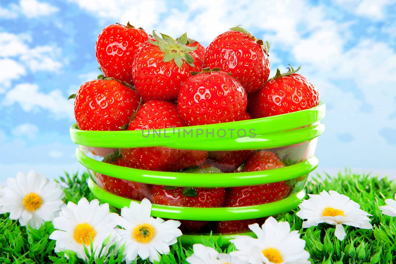Bowl with fresh strawberries on grass over cloudy background
