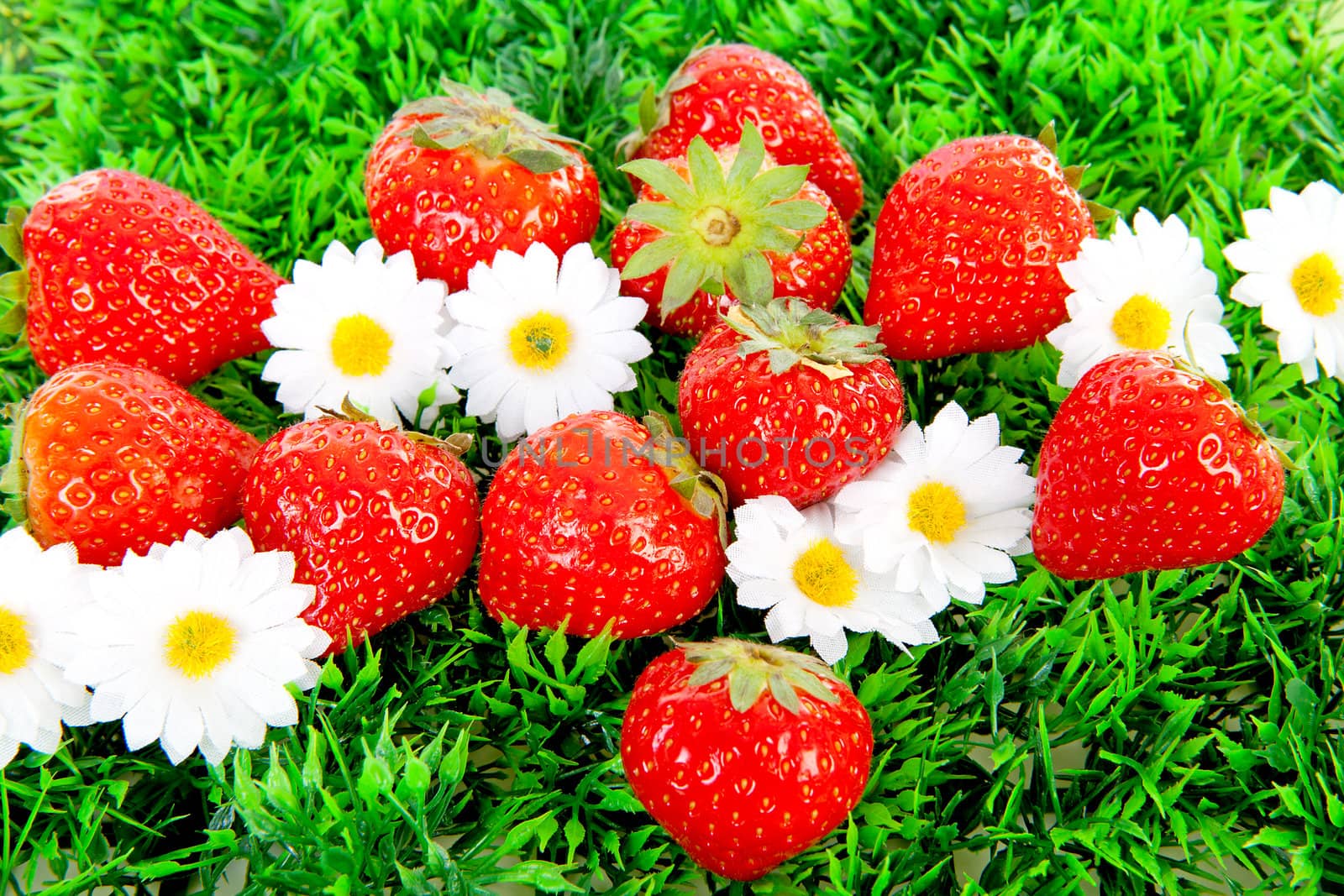 Fresh strawberries on green grass and flowers