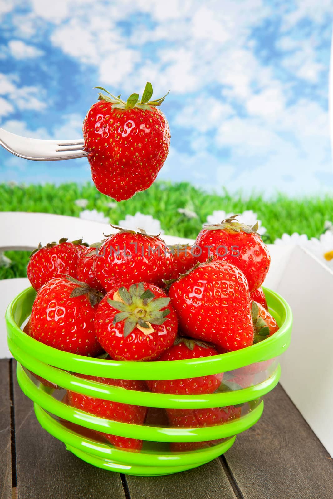 Bowl with fresh strawberries on tray against grass and cloudy background