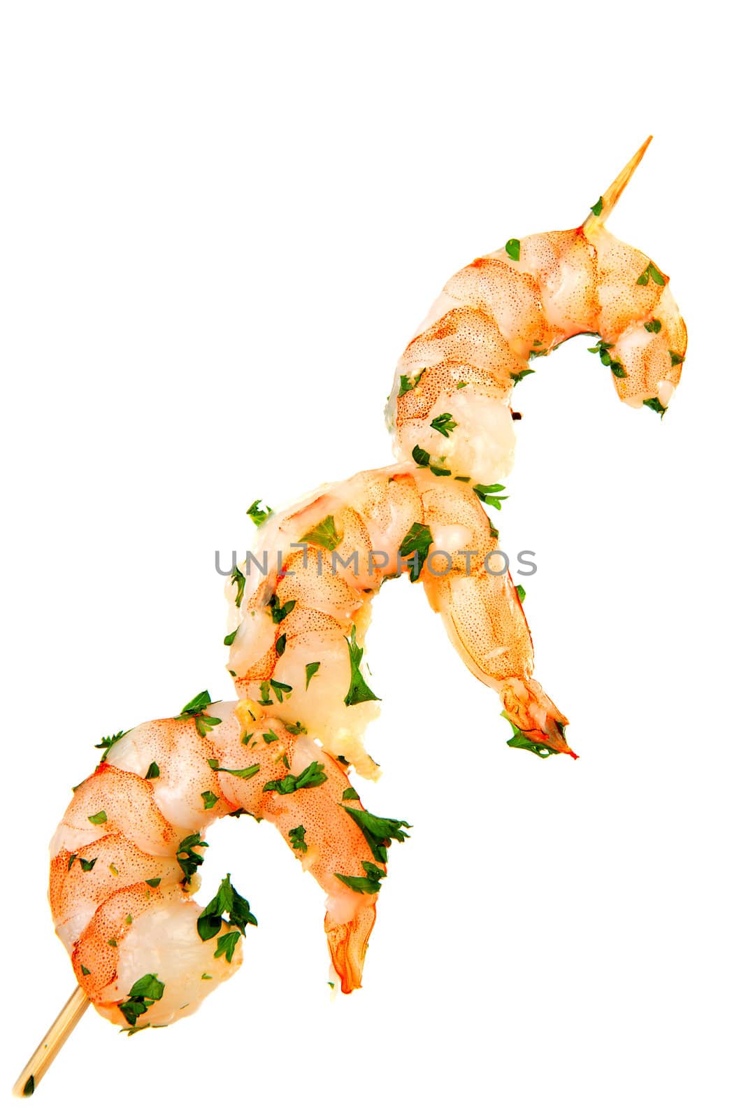 prawn snacks on stick over white background