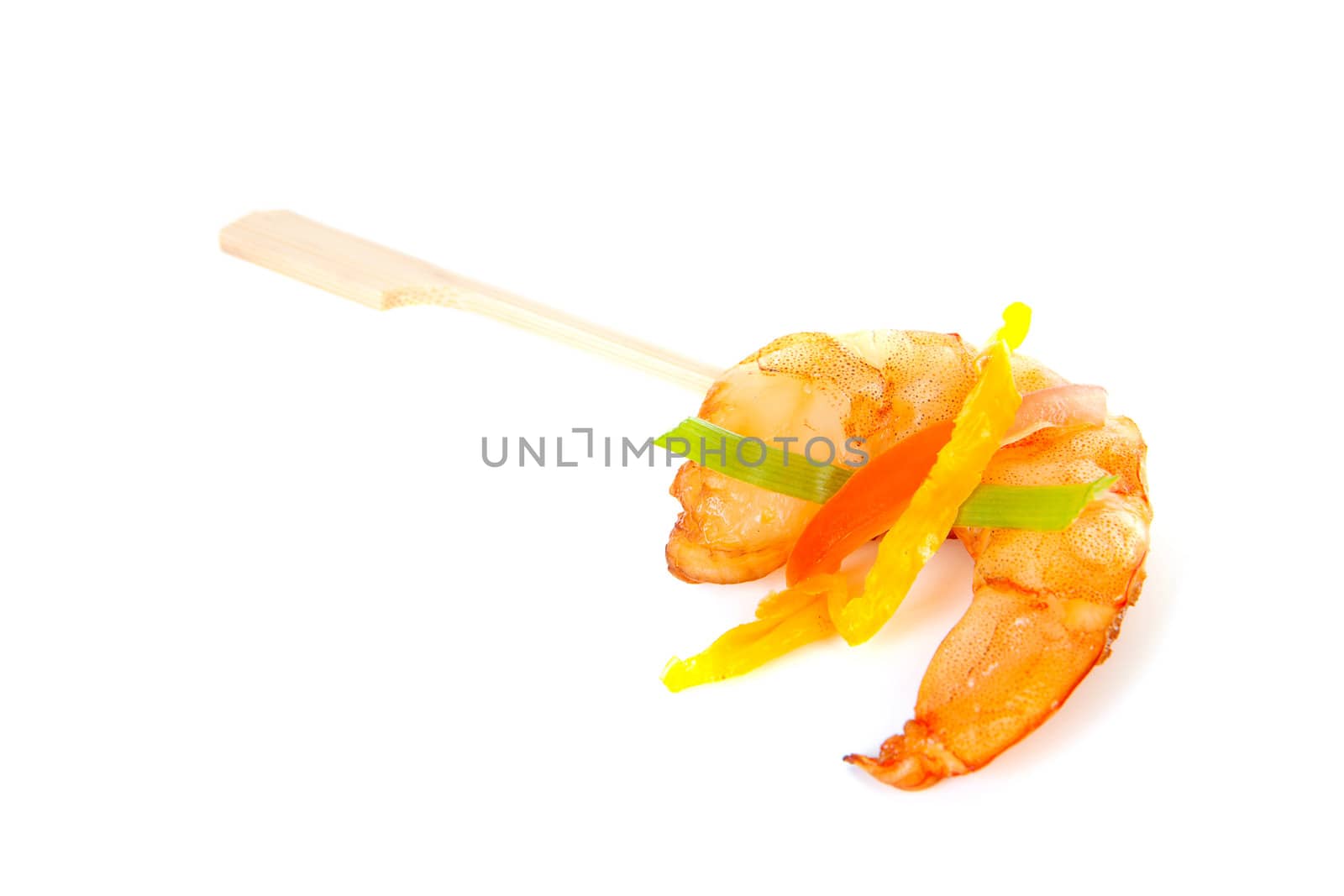 Little prawn snacks on stick over white backgorund