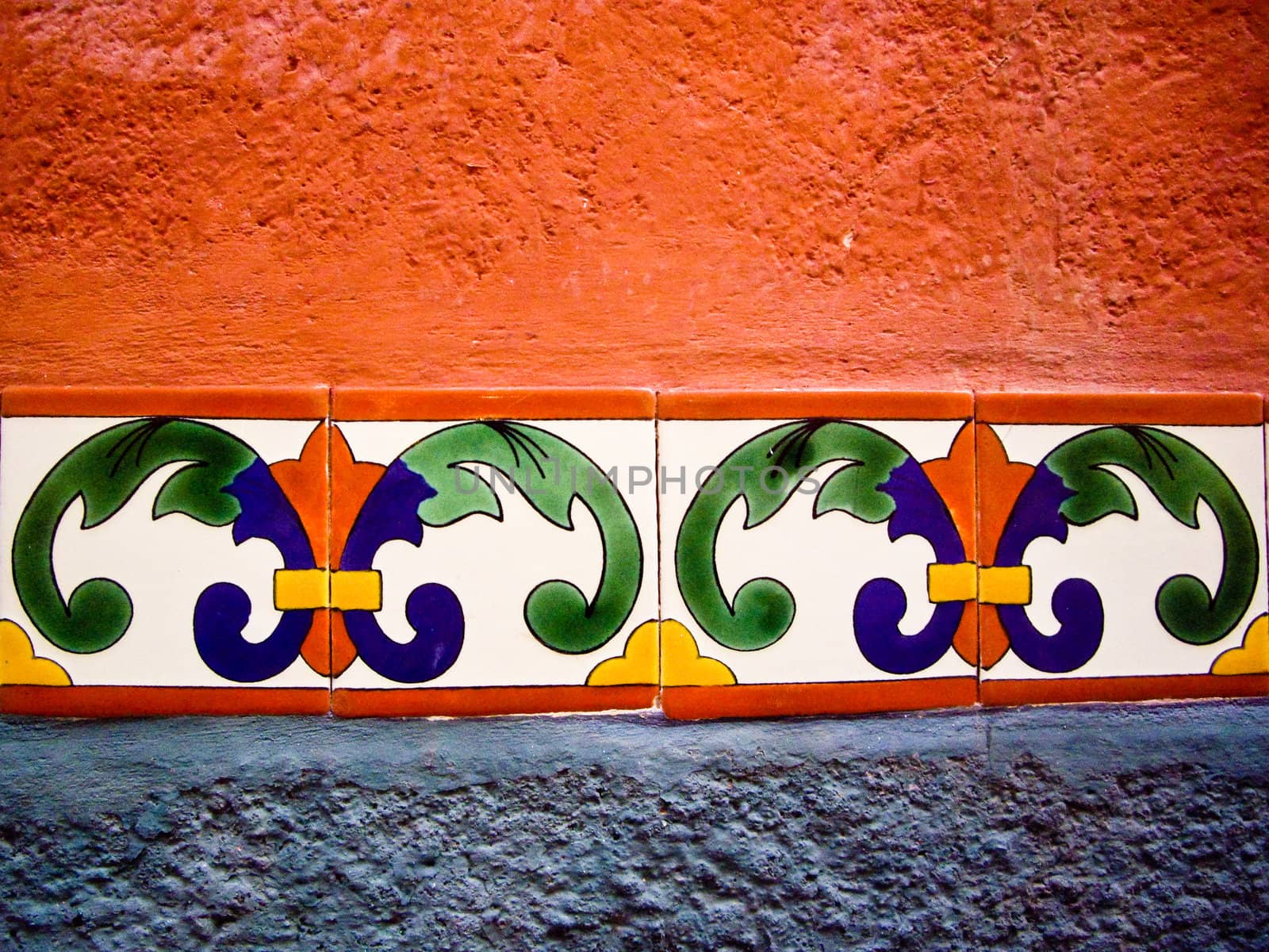 Details of Mexican color tiles on exterior of building
