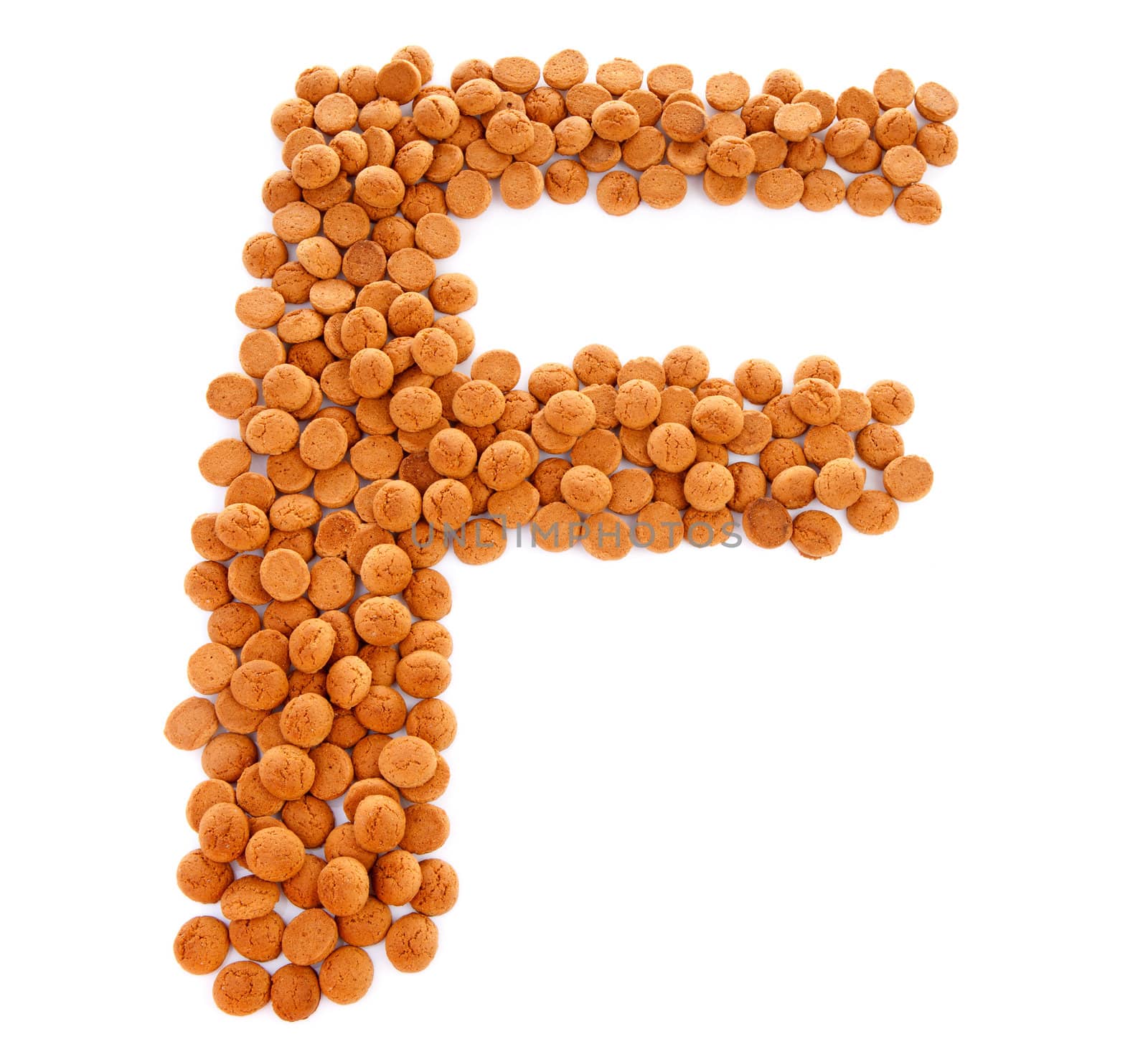 Ginger nuts, pepernoten, in the shape of letter F isolated on white background. Typical Dutch candy for Sinterklaas event in december
