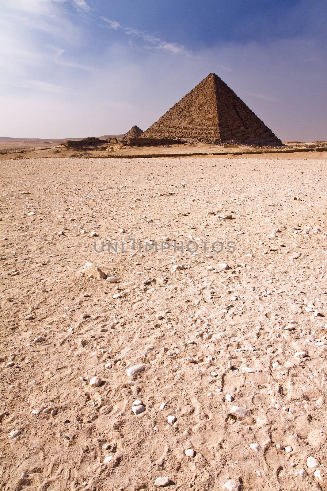Ancient stone pyramid in Egyptian desert near Giza