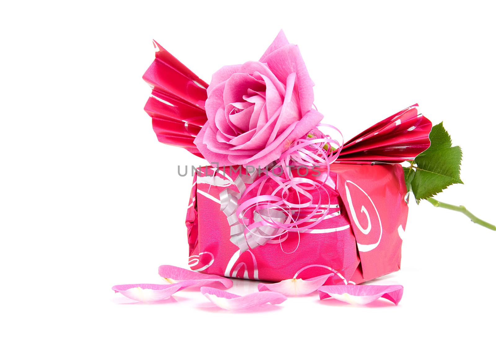 Beautiful wrapped gift with rose for birthday or valentine's day over white background