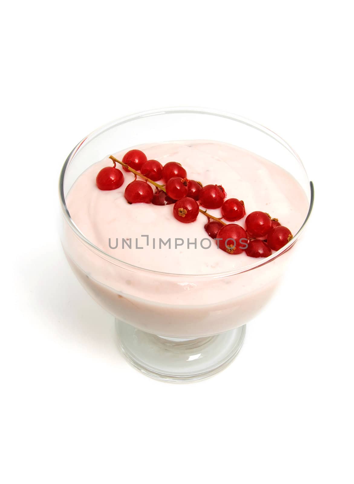 glass bowl with yogurt and berrie fruit over white background