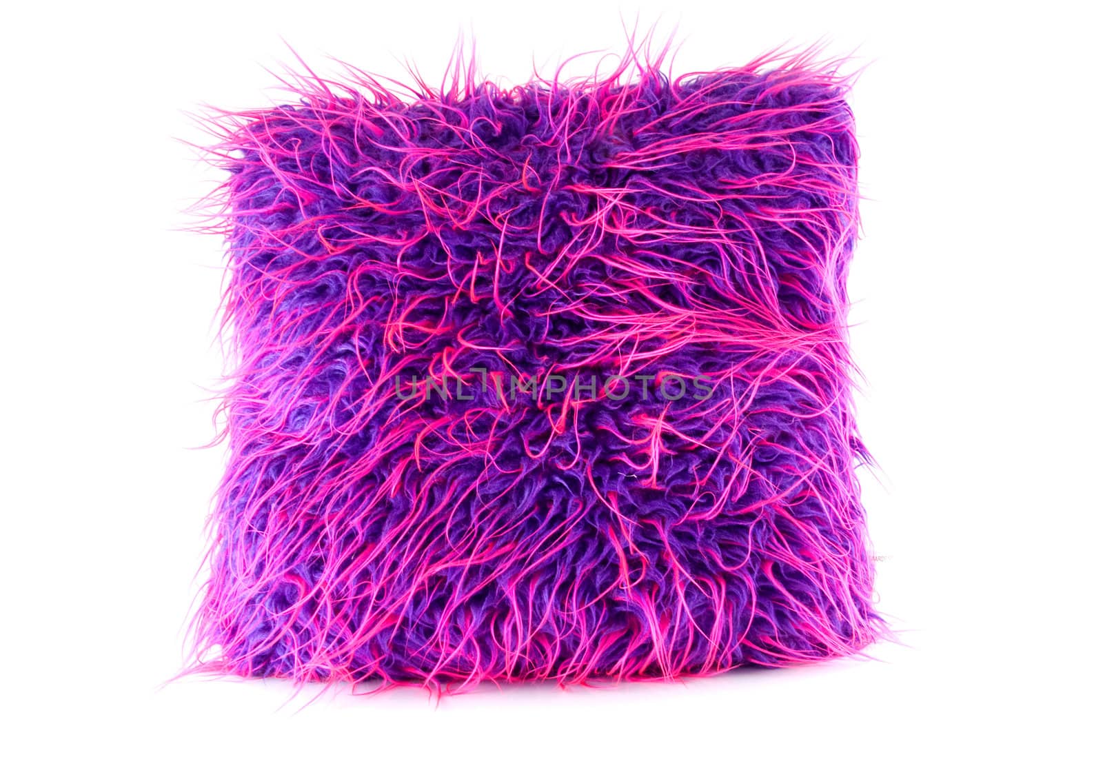 purple and pink hairy pillow over white background