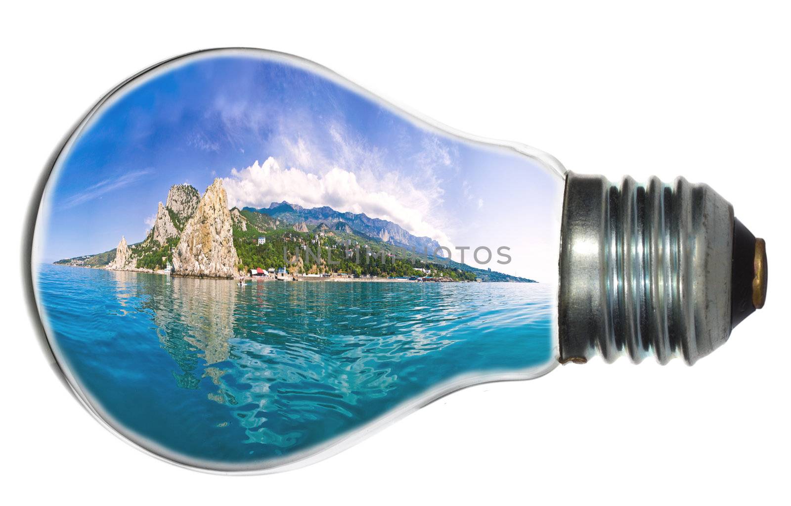 paradise island in light bulb, isolated on white