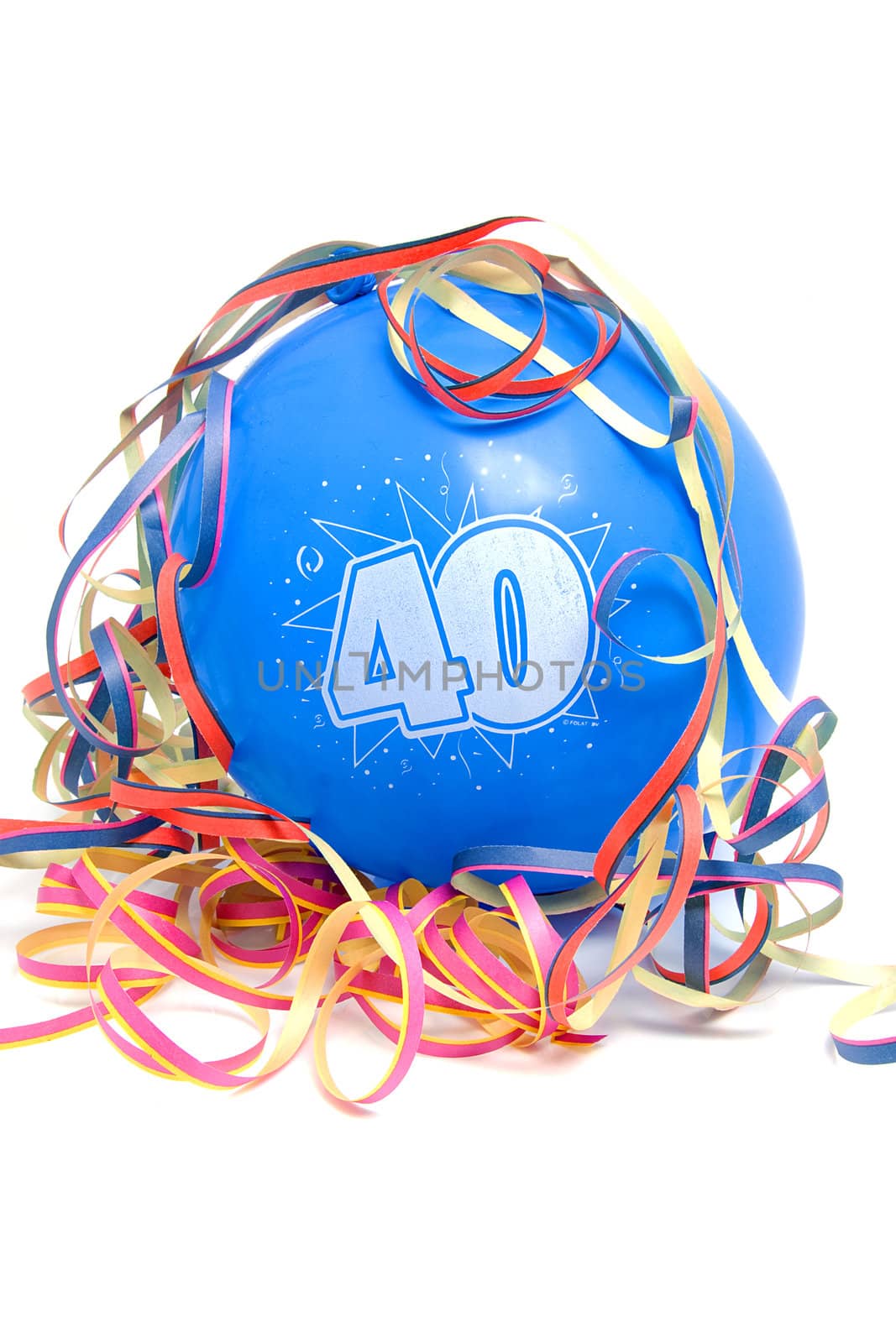 Blue birthday balloon for someone who is 40 years old with party streamers over white background