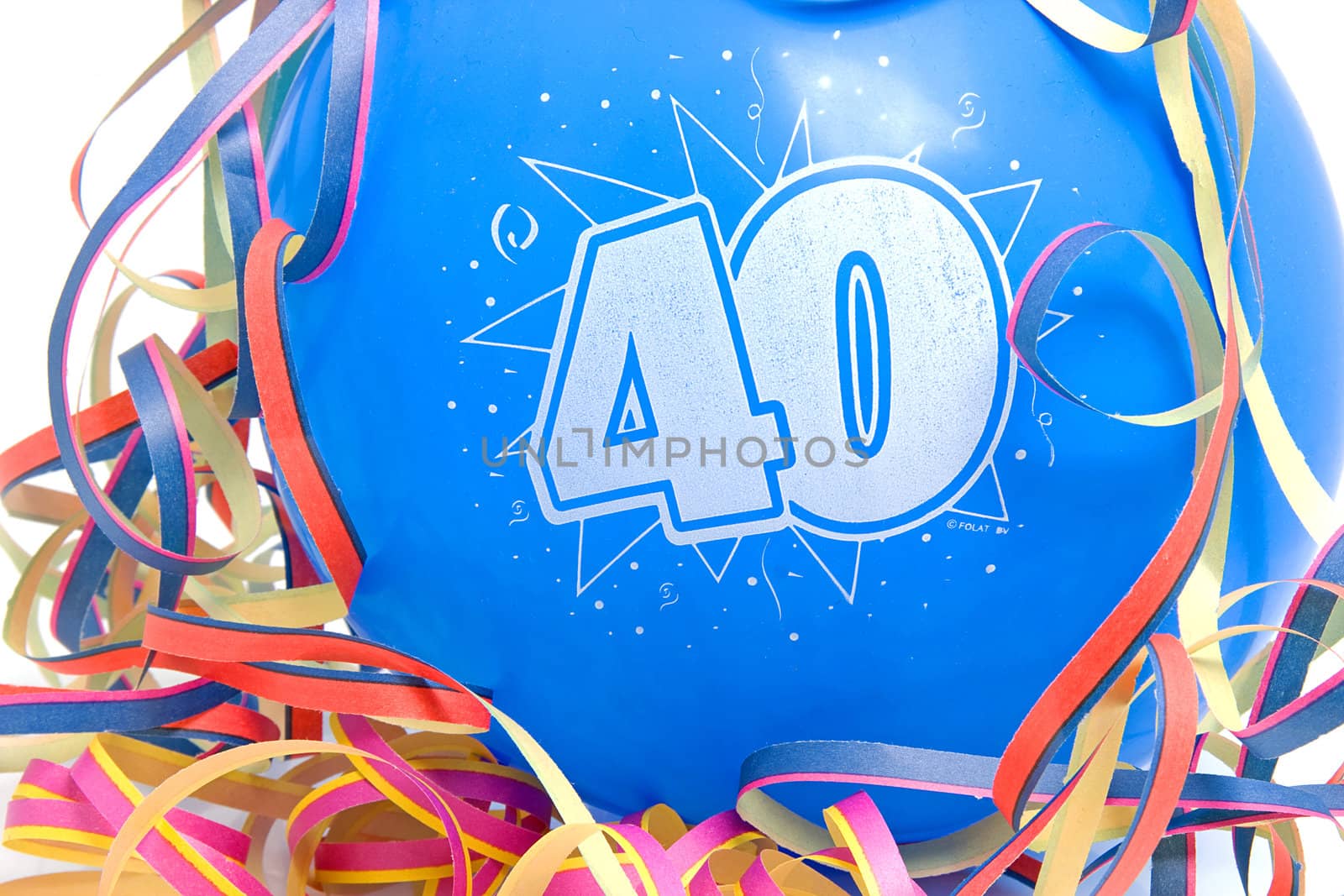 Blue birthday balloon for someone who is 40 years old with party streamers over white background