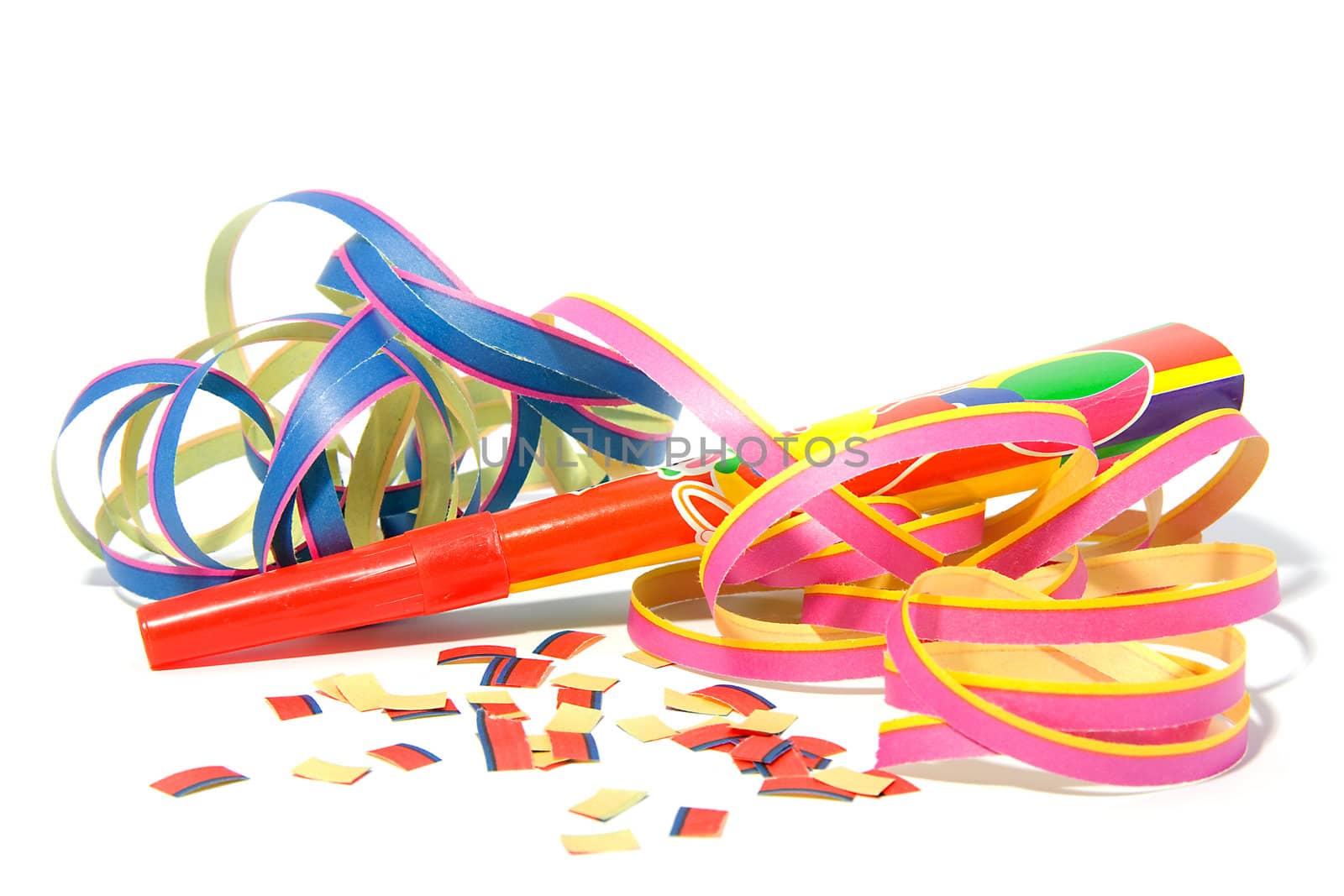 Party horn with streamers over white background