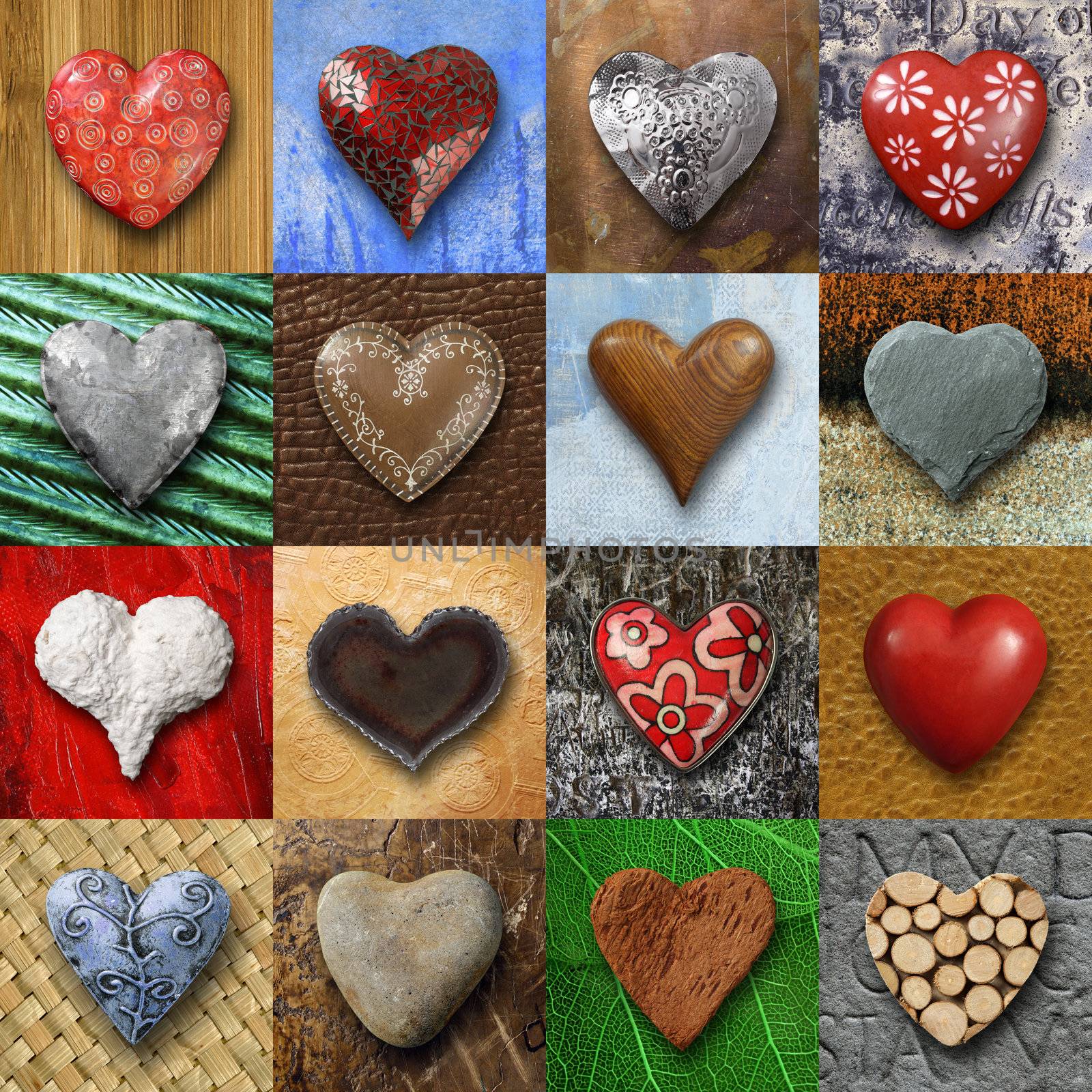 Photos of heart-shaped things made of stone, metal and wood on different backgrounds.
