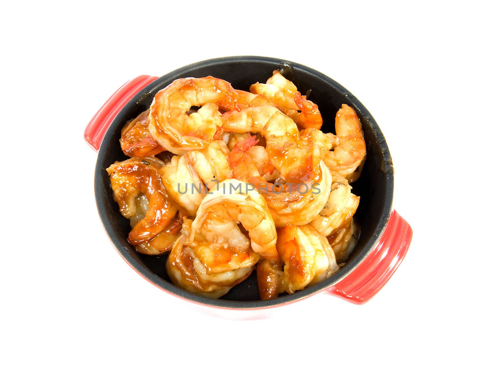little casserole with shrimp isolated on white background