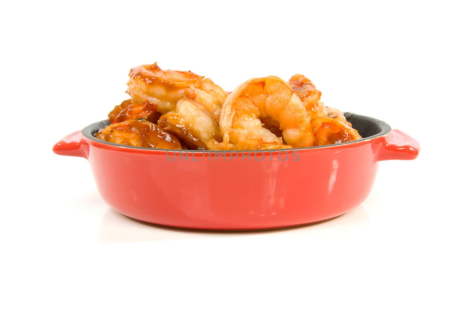 little casserole with shrimp isolated on white background