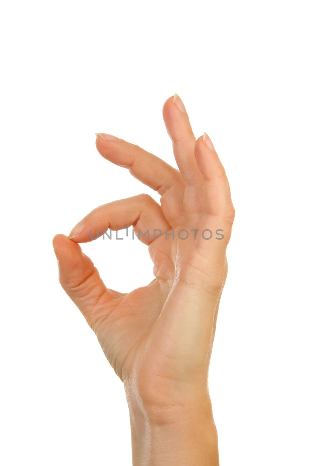 Woman's hand making OK sign over white background