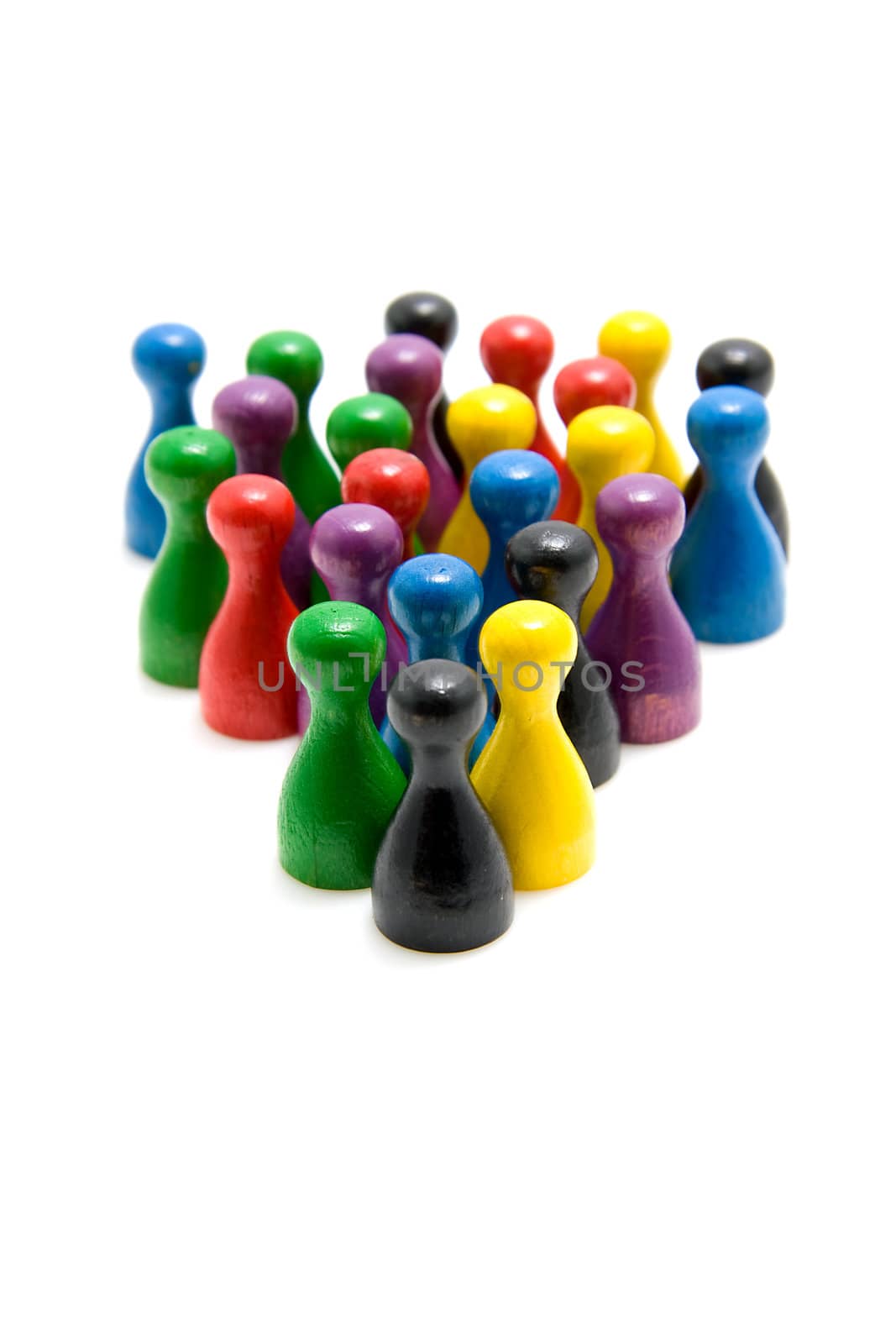 Lots of colored pawn in group over white background