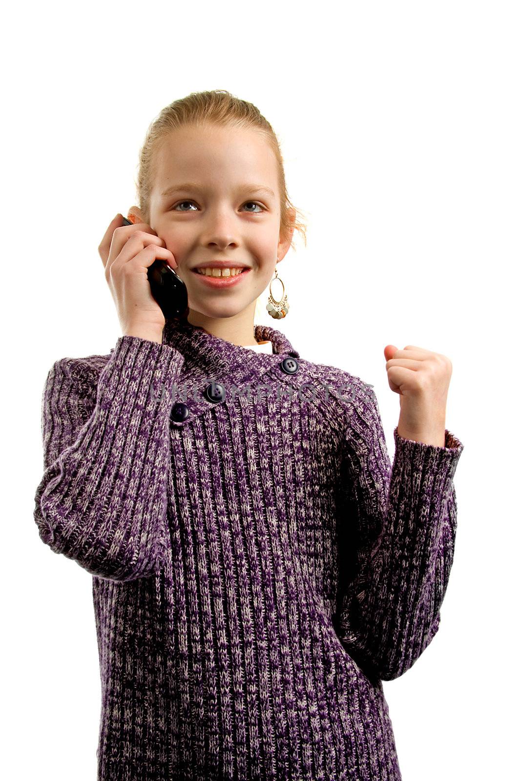 Girl is happy on the phone isolated on white background