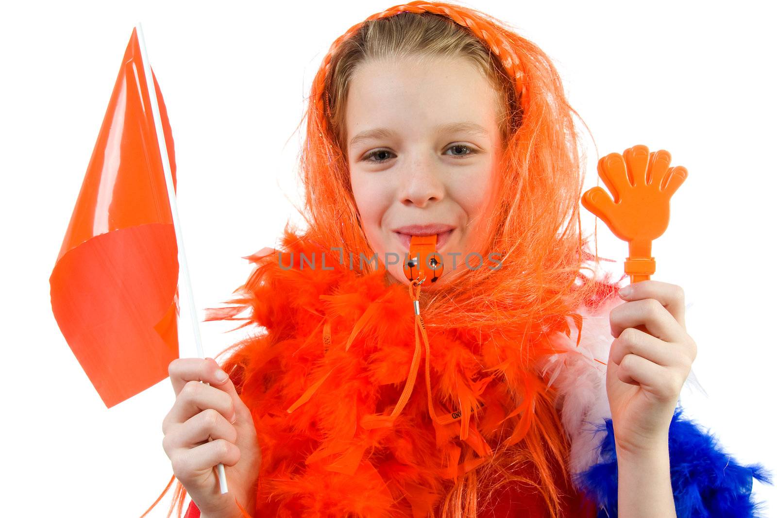Girl is posing in orange outfit for soccer game over white background