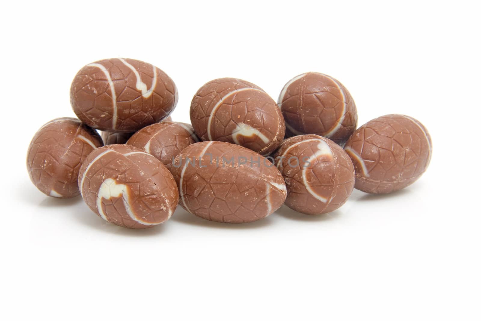 Pile of chocolate easter eggs isolated on white background