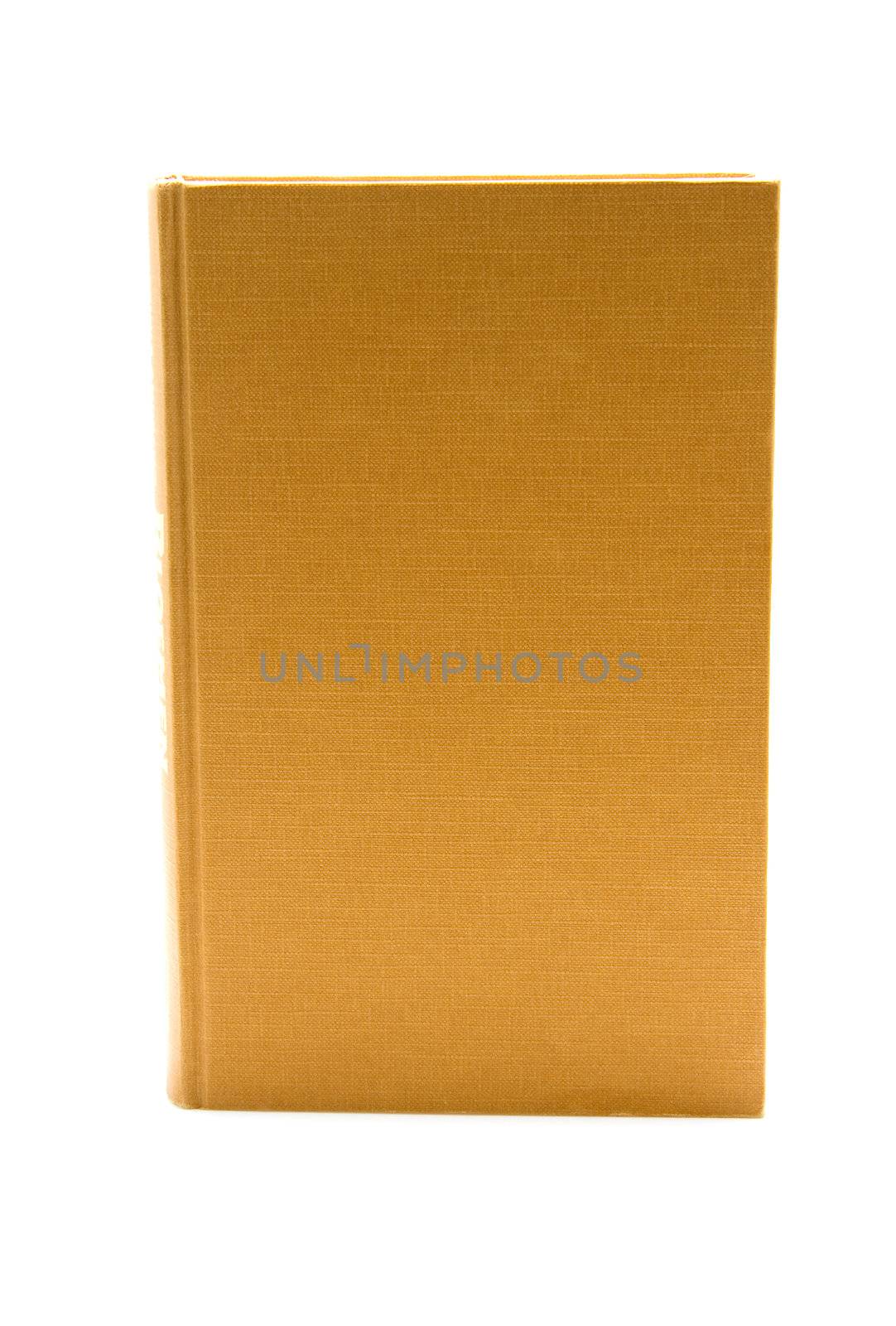 One standing brown book, you see the front with empty cover, isolated on white background