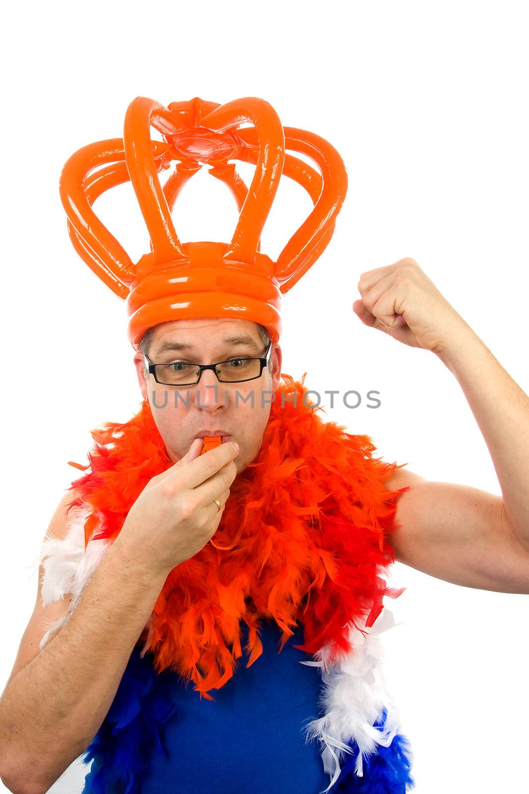 Man is watching soccer game over white background