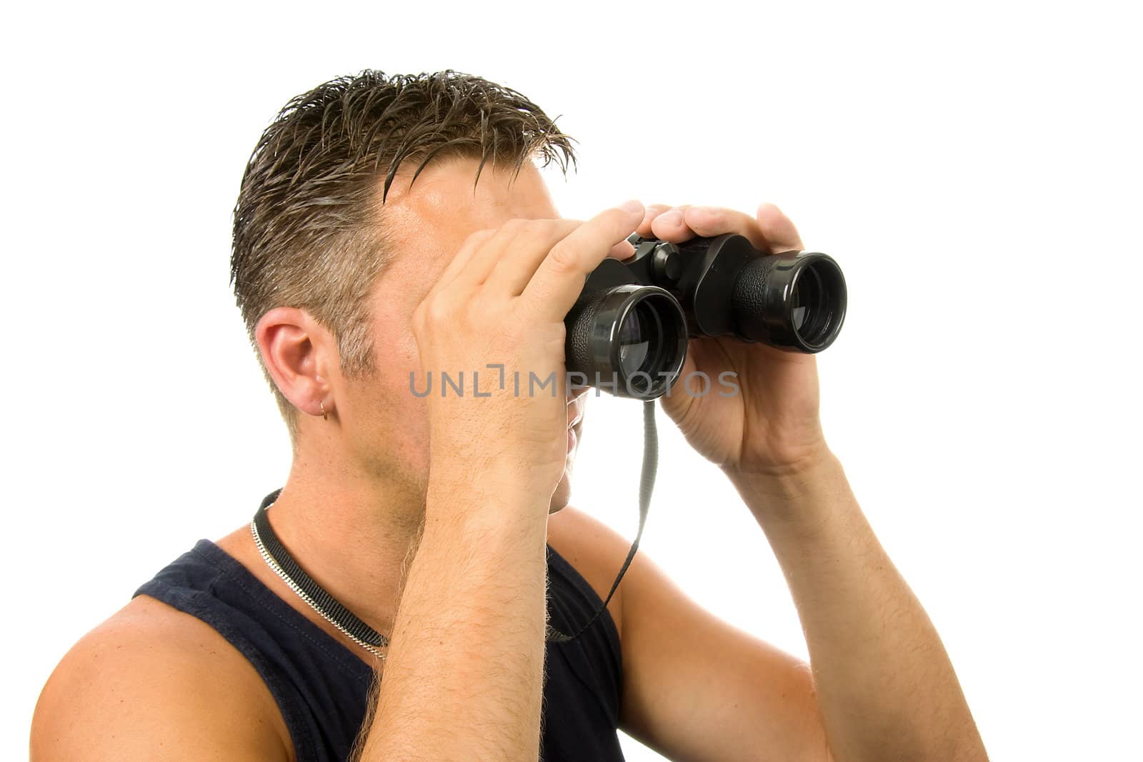 man is looking through spyglass over white background