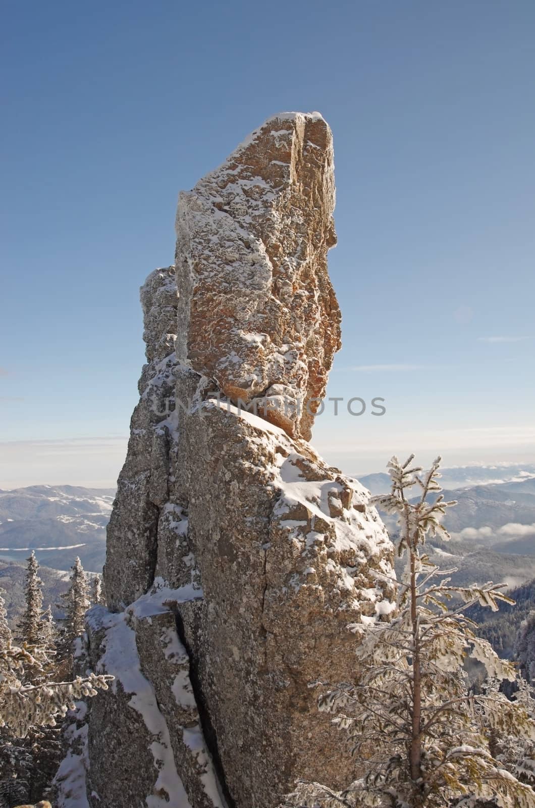 Weird rock formation with the blue sky in the winter