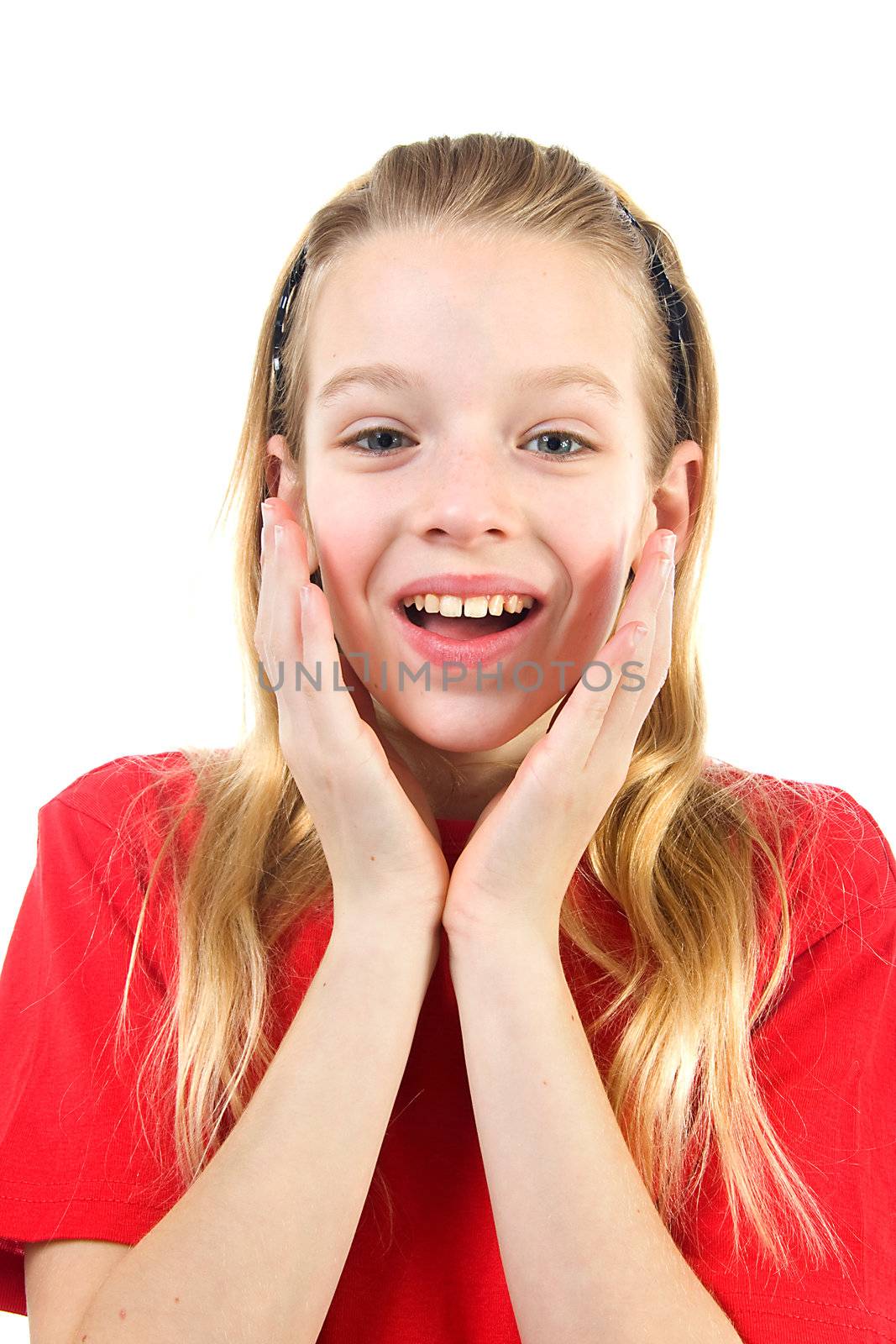 young blonde girl is looking surprised over white background