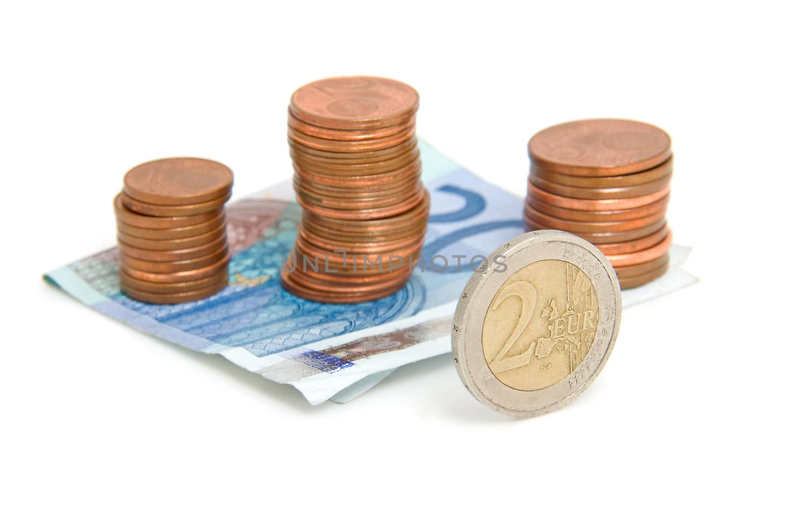 Euro money: stack of coins and paper over white background