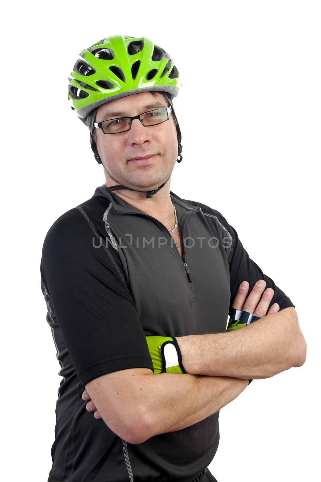 Cyclist in closeup posing over white background