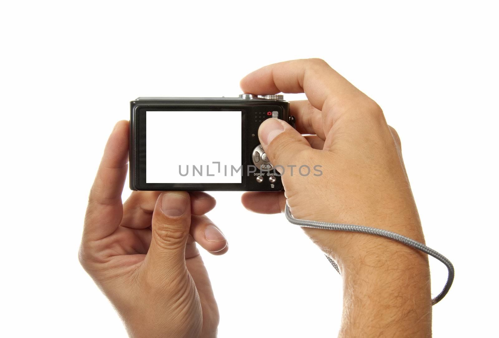 Hands with digital photo camera, looking at the back, over white background