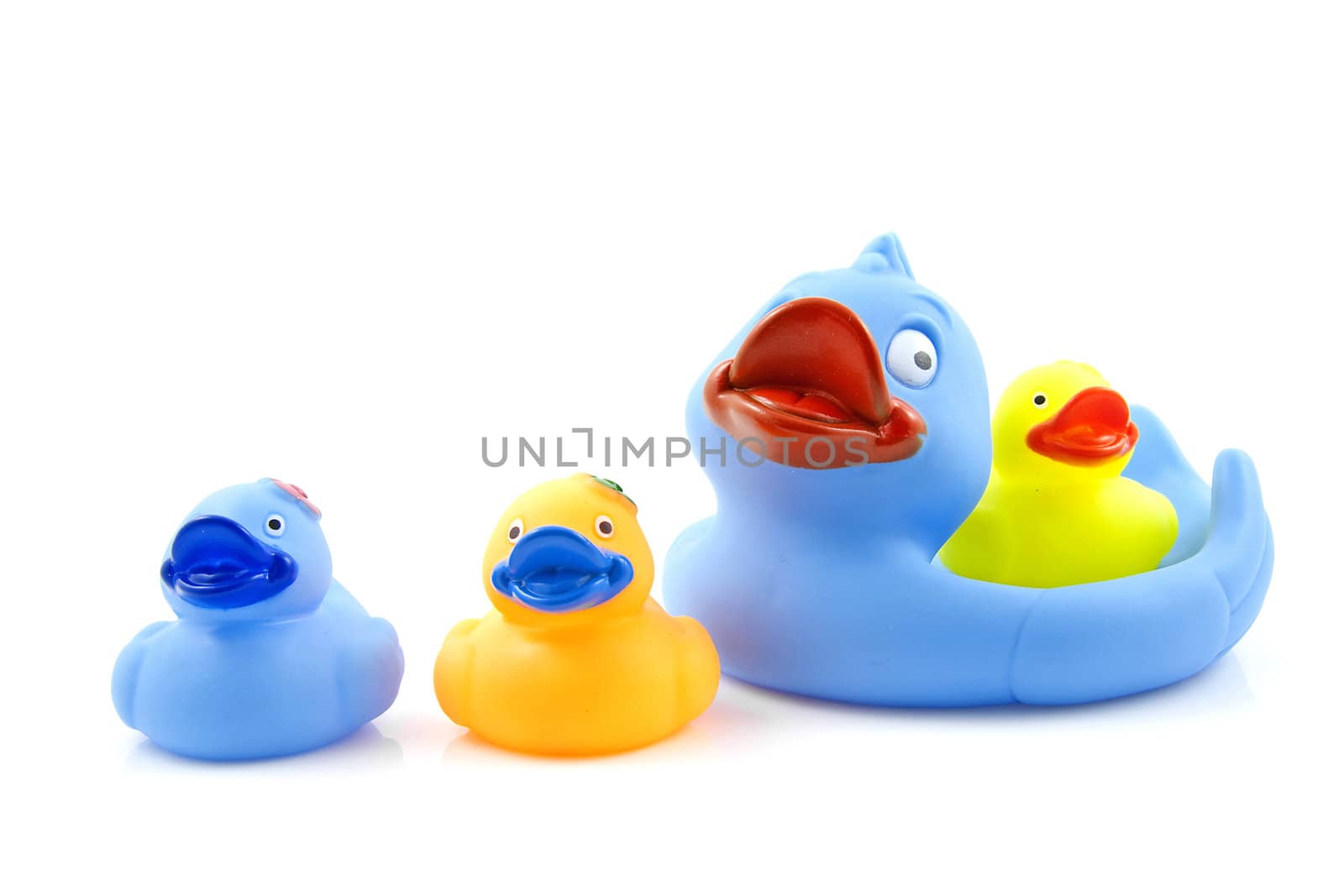 Colorful rubber ducks isolated on white background