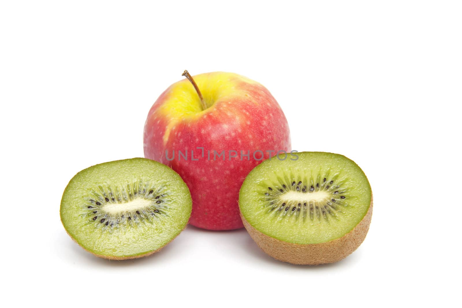 half kiwi and apple fruits isolated on white background