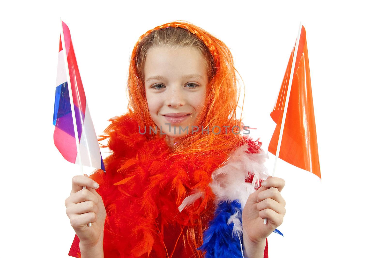 Girl is posing in orange outfit for soccer game or queensday over white background