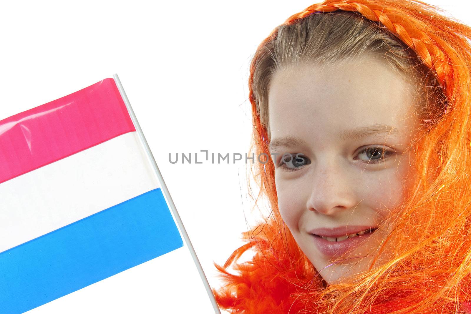Girl is posing in orange outfit for soccer game or queensday over white background