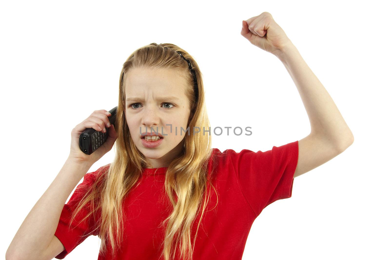 Girl is angry on the phone over white background