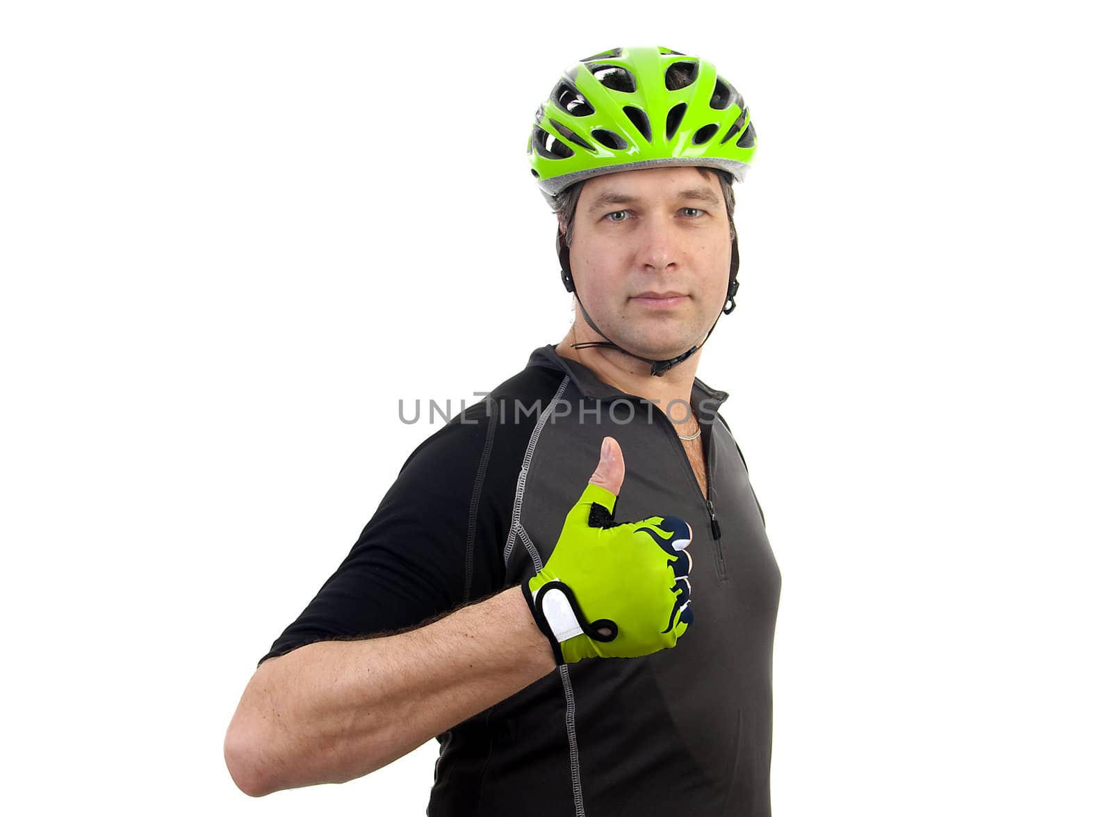 Portrait of a cyclist with thumbs up over white background