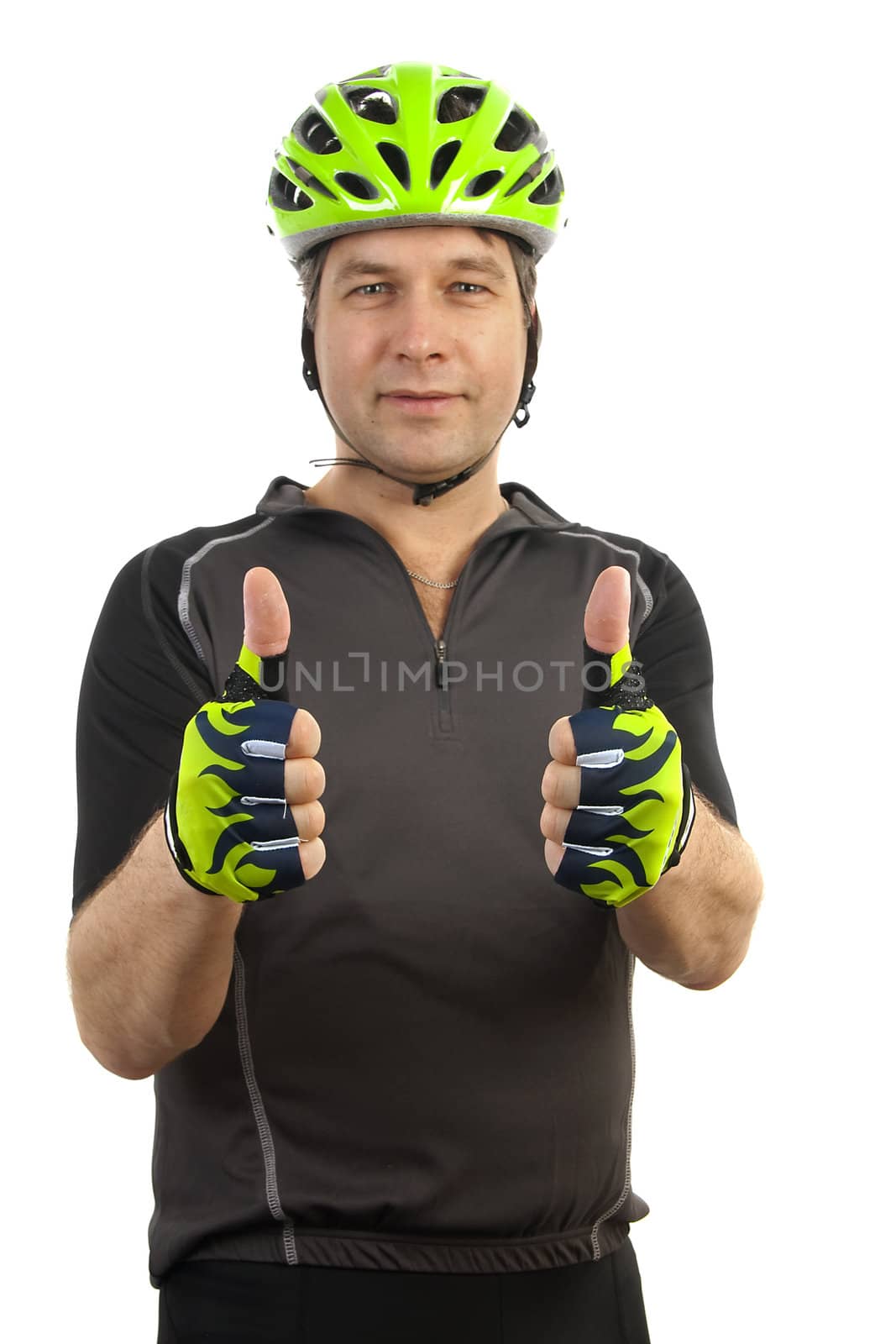 Portrait of a cyclist with thumbs up over white background