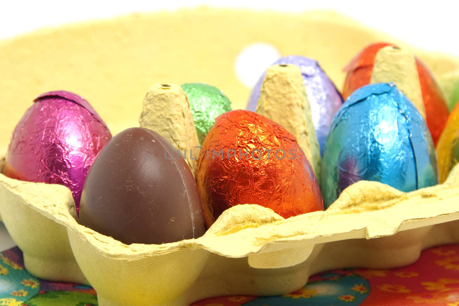 Closeup of colorful chocolate easter eggs in carton box