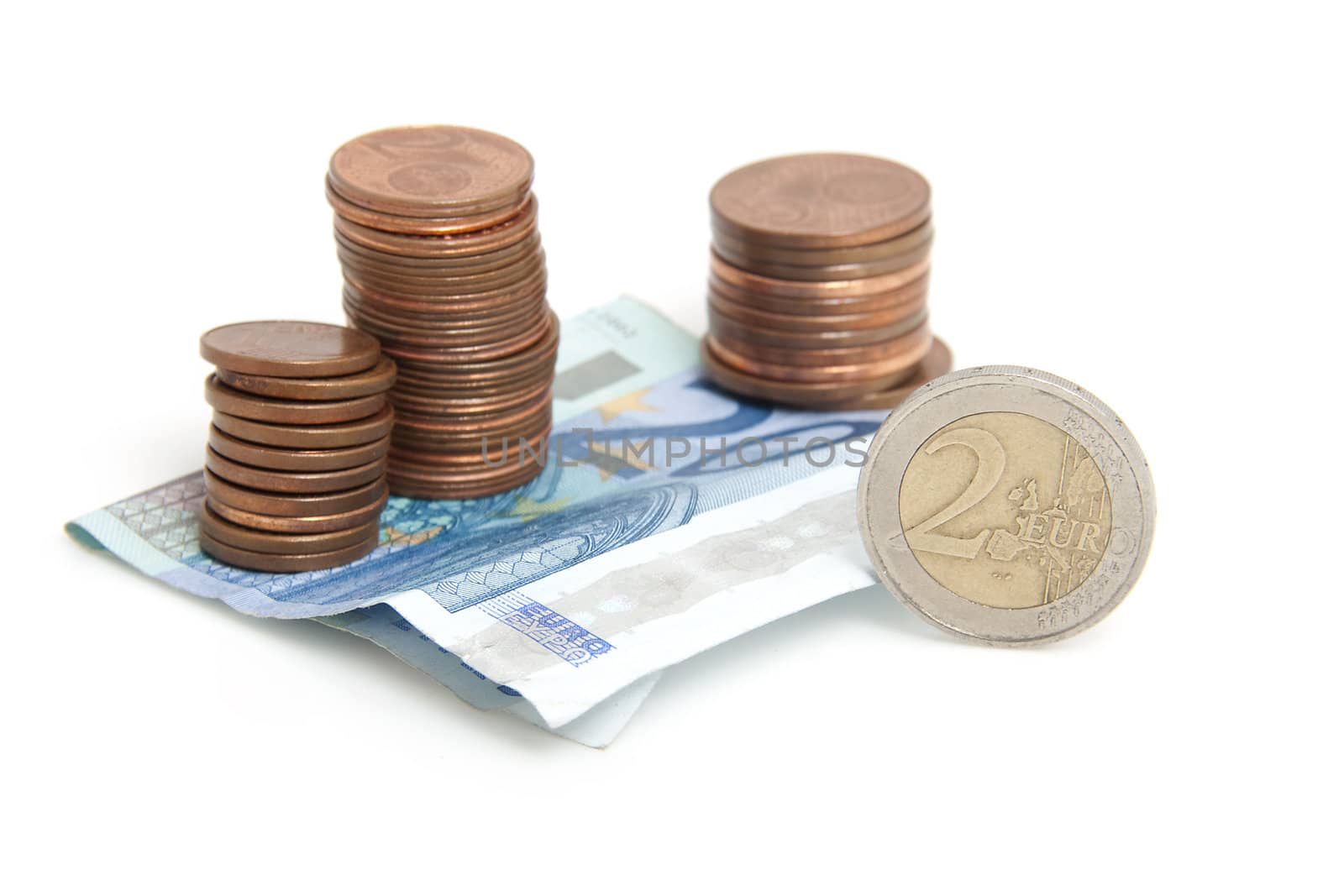 Euro money: stack of coins and paper over white background