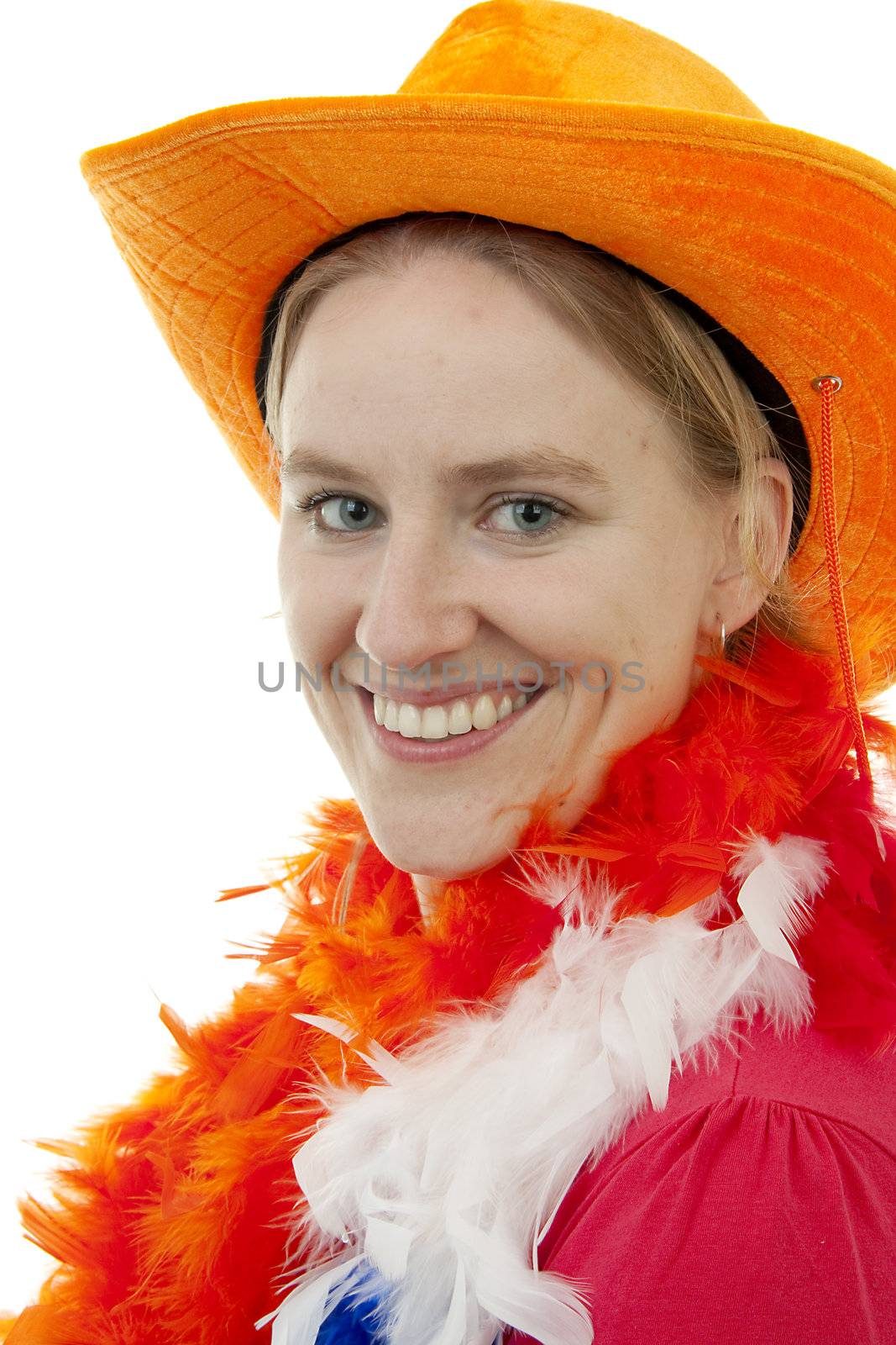 Portrait of Dutch soccer fan in closeup over white background