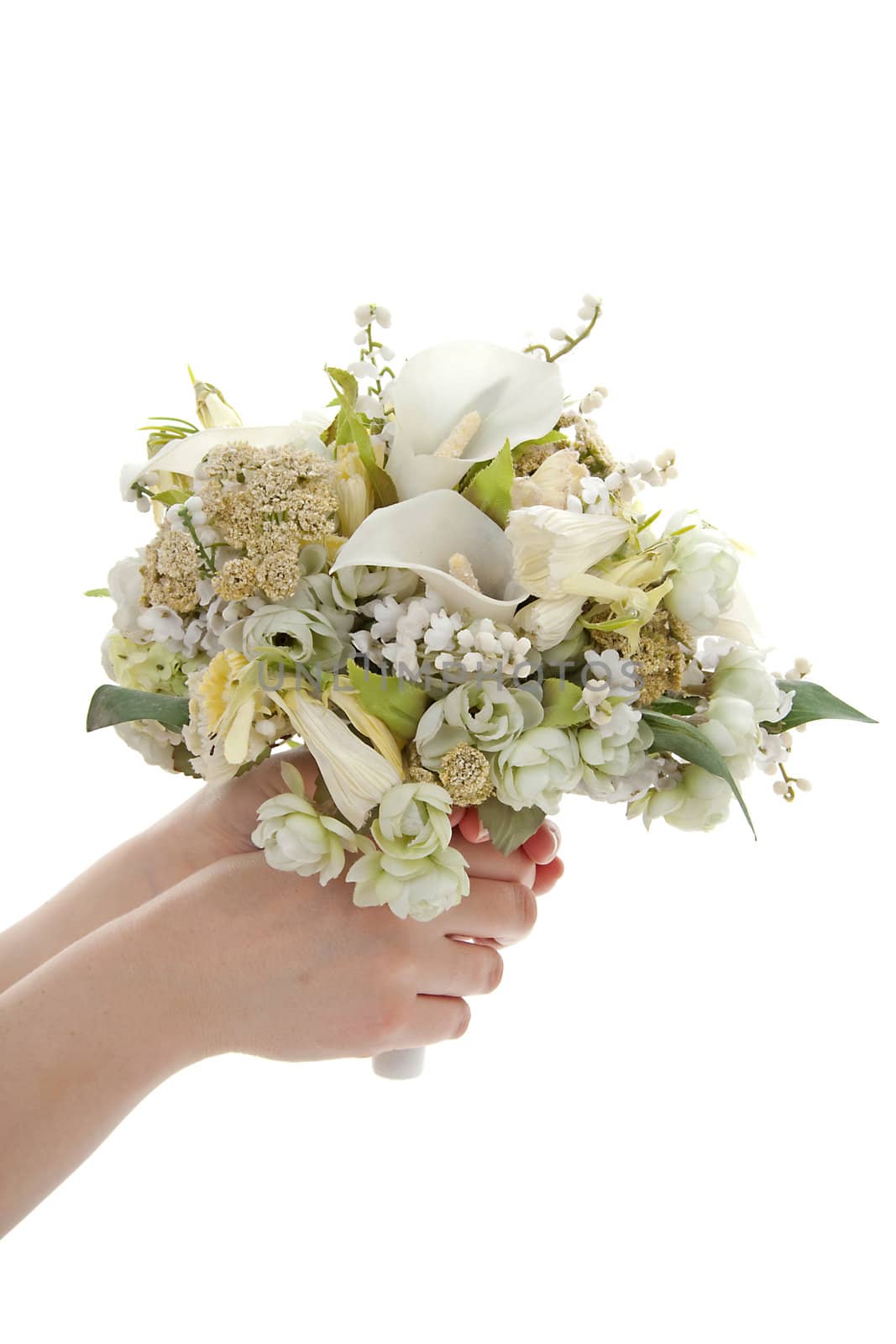 Hand is holding bridal bouquet over white background