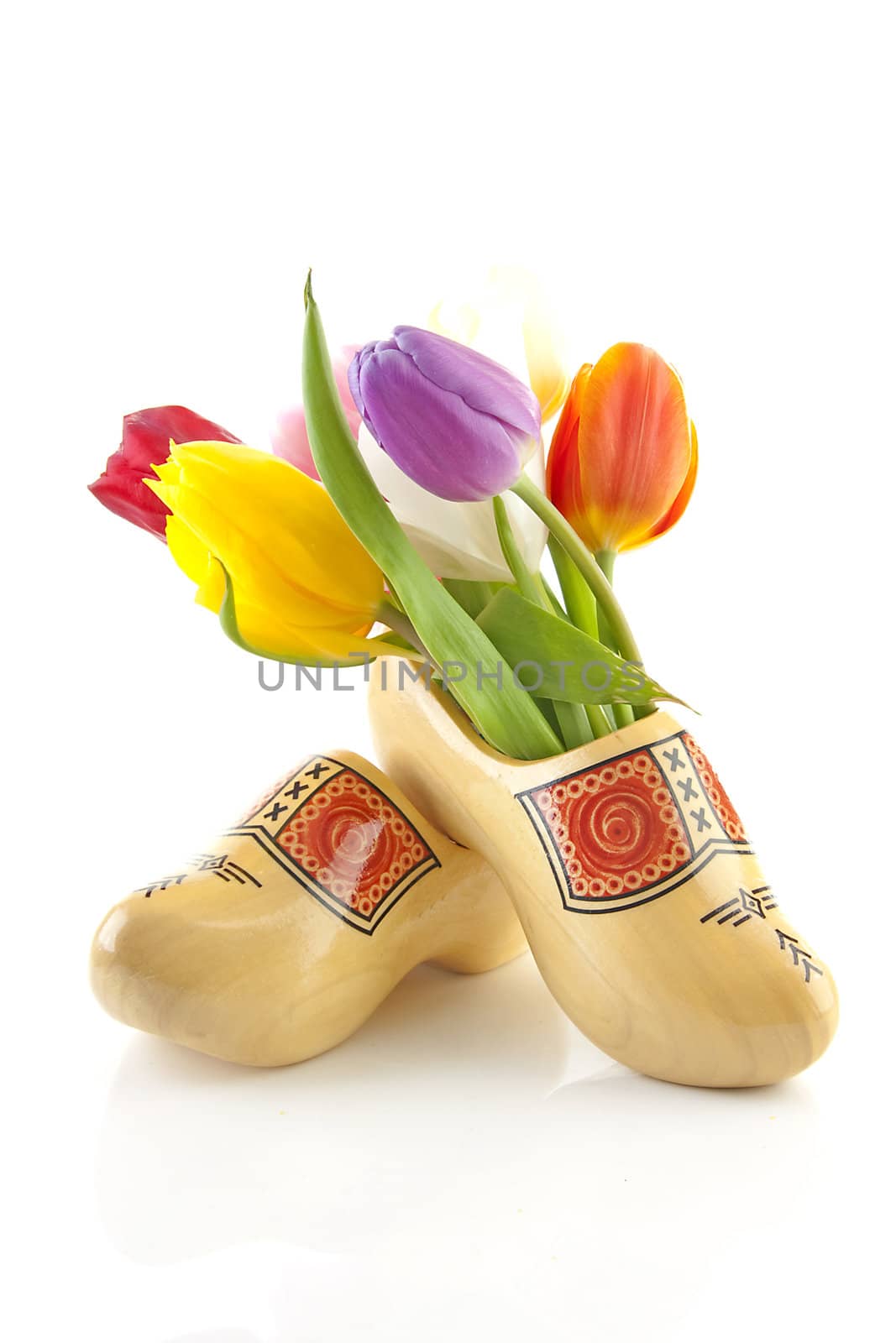 Pair of traditional yellow wooden shoes with colorful tulips isolated on white background