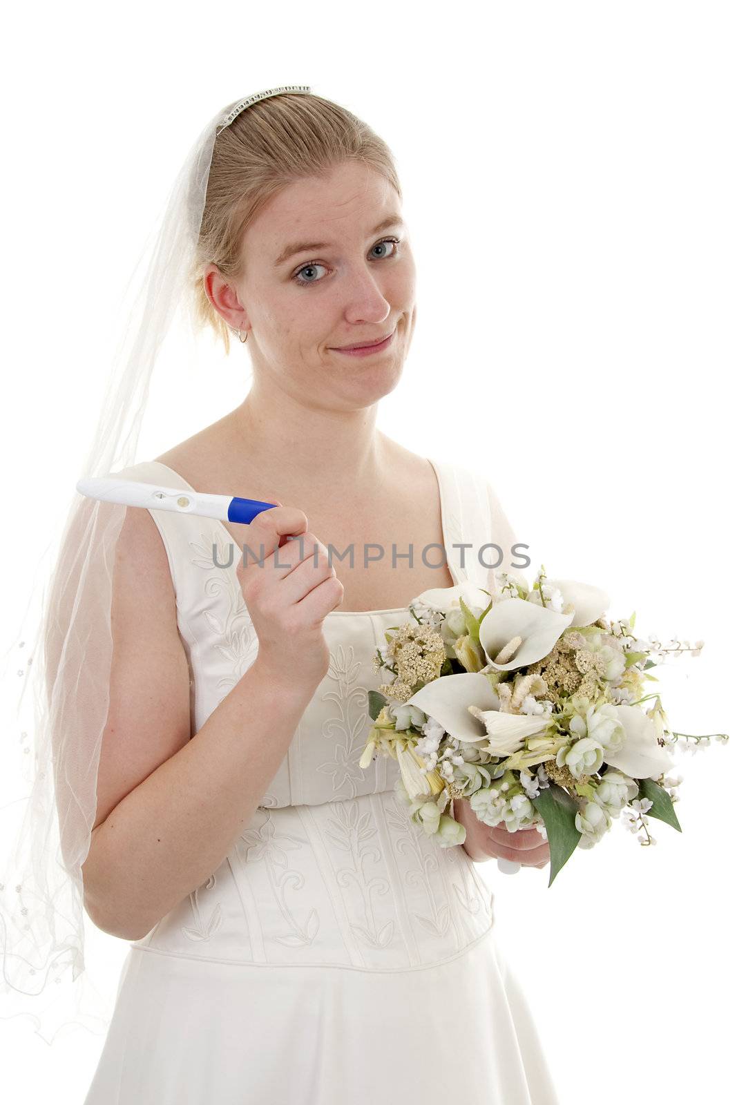 Woman gets married because she is pregnant, over white background
