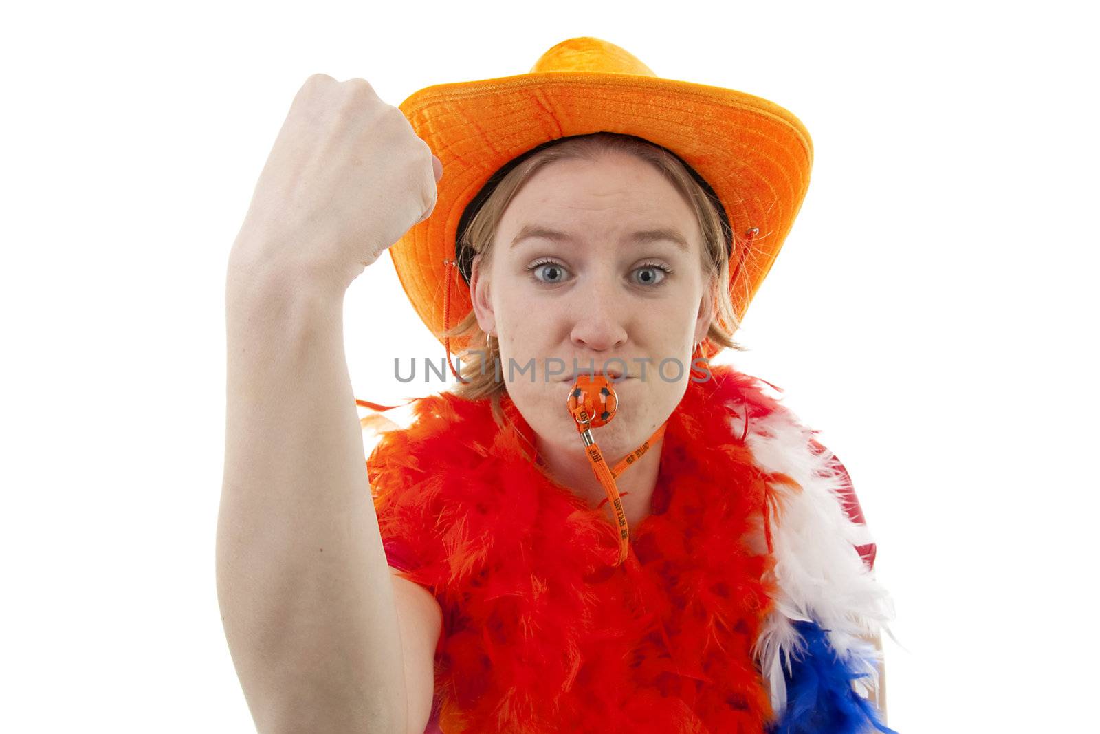 portrait of Dutch soccer fan in orange outfit over white background