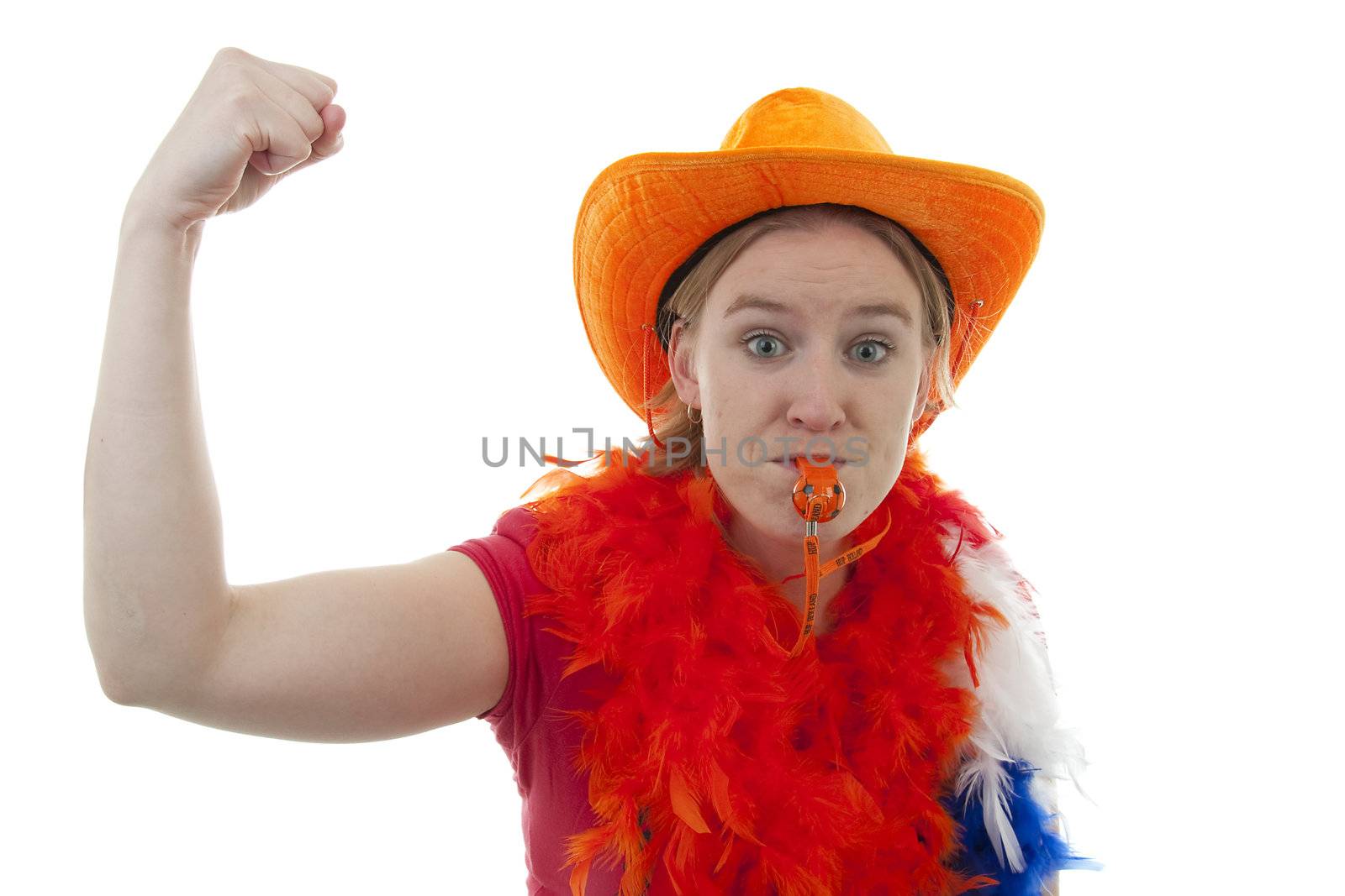 portrait of Dutch soccer fan in orange outfit over white background