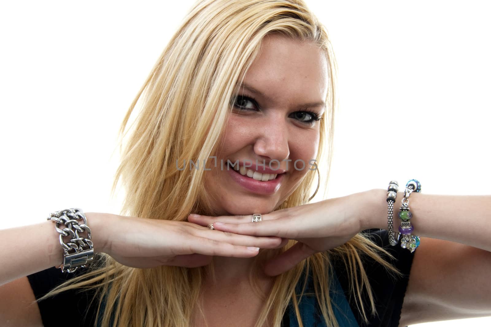 Portrait of young blonde woman over white background