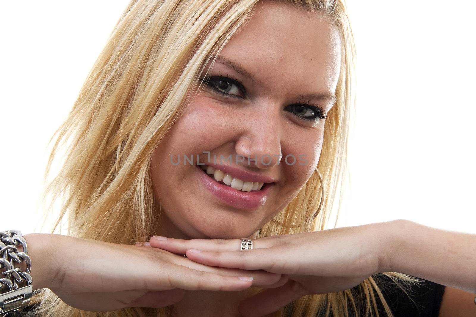 Portrait of young blonde woman over white background